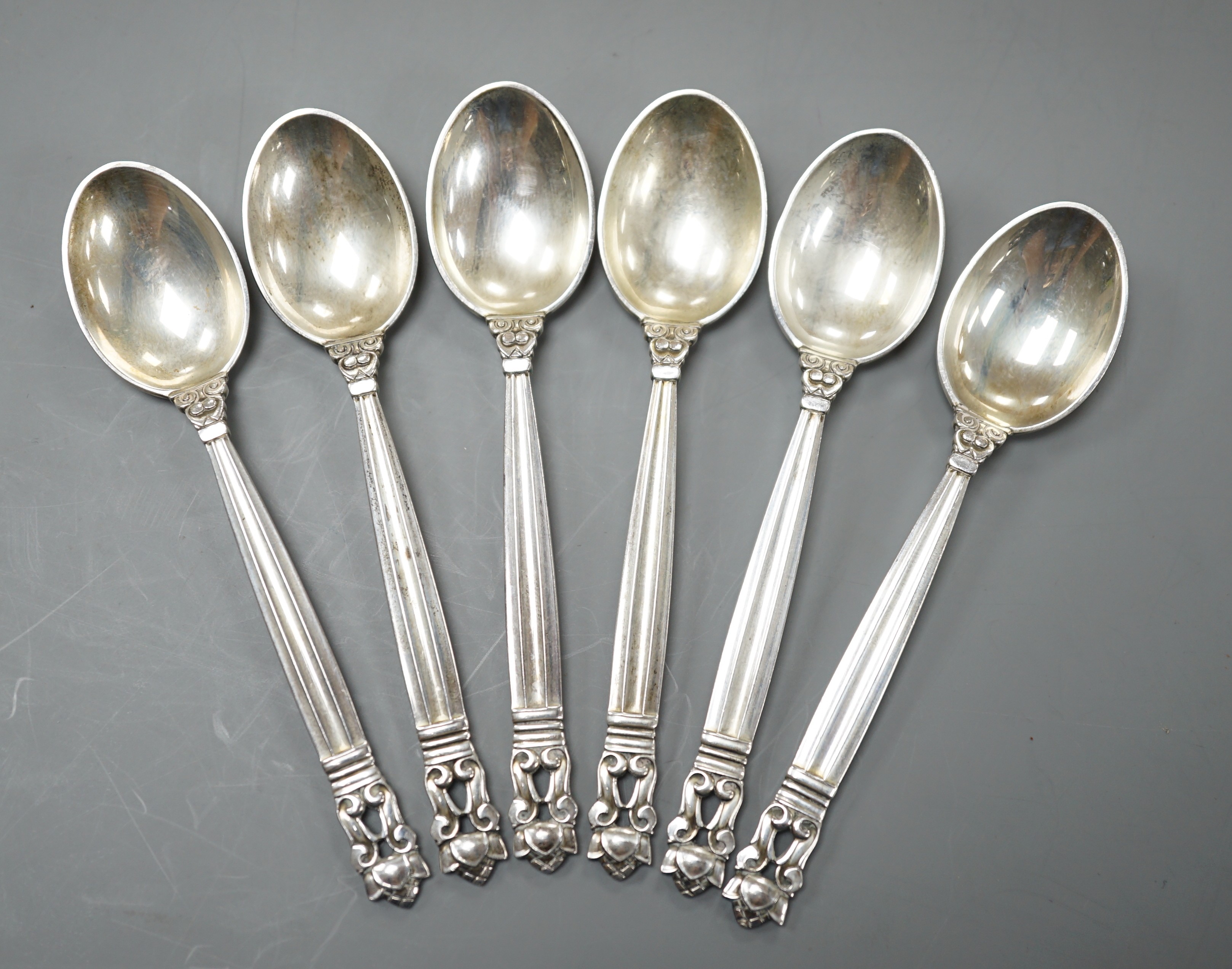 A set of six Georg Jensen 925 sterling coffee spoons, 95mm, 77 grams.